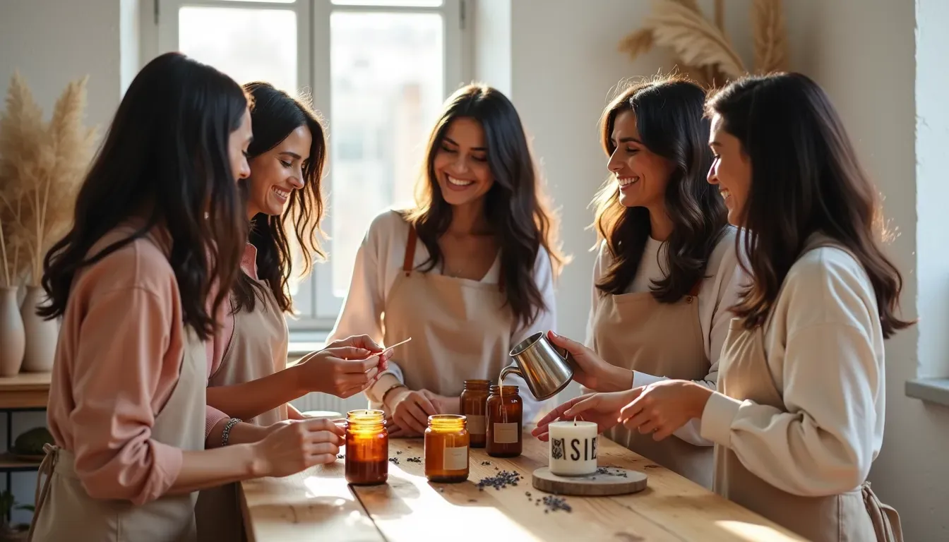 Women pouring fresh candles into jars in a sunlit room